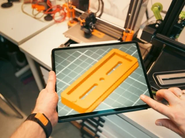 CAD-modell megtekintése táblagépen a 3D nyomtató mellett